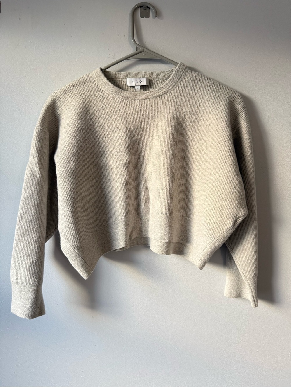 IRO Cropped Wool Crewneck Sweater in Light Beige Gray Boho Size L